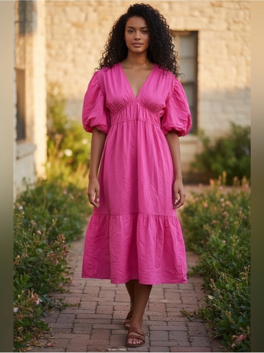 Jessica Simpson pink puff-sleeve midi dress‎